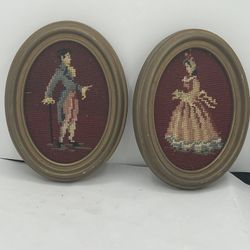 VTG Set Of 2 Needlepoint Cross Stitch Pictures Victorian Couple Wood Oval Frames   This vintage set of two needlepoint cross stitch pictures features 