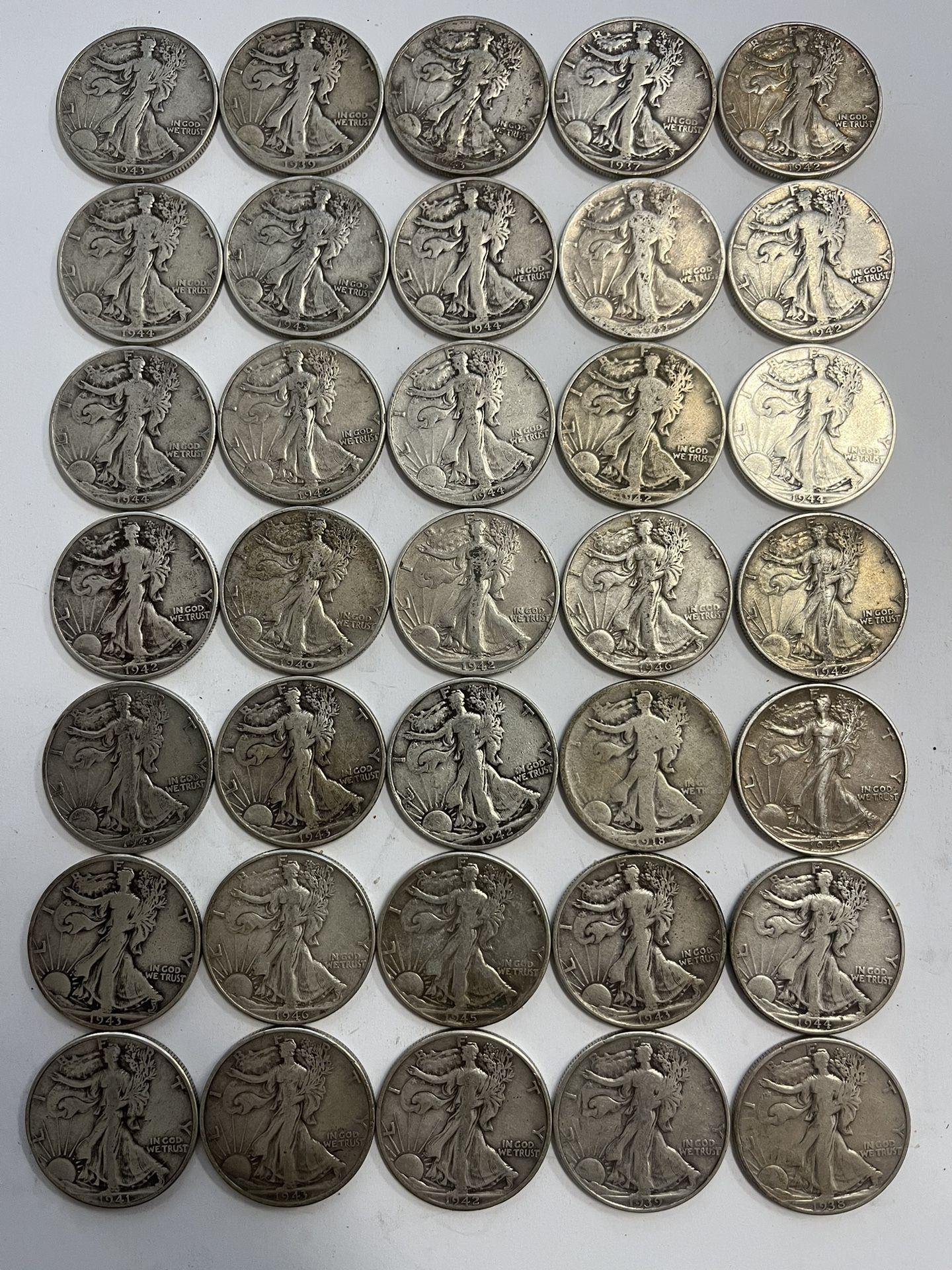 Walking Liberty Silver Half Dollar Coins Lot Of 35 
