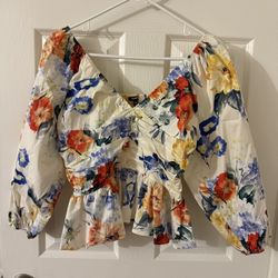 Express Floral V-neck Cotton Long Sleeve Peplum Top Blouse  size S
