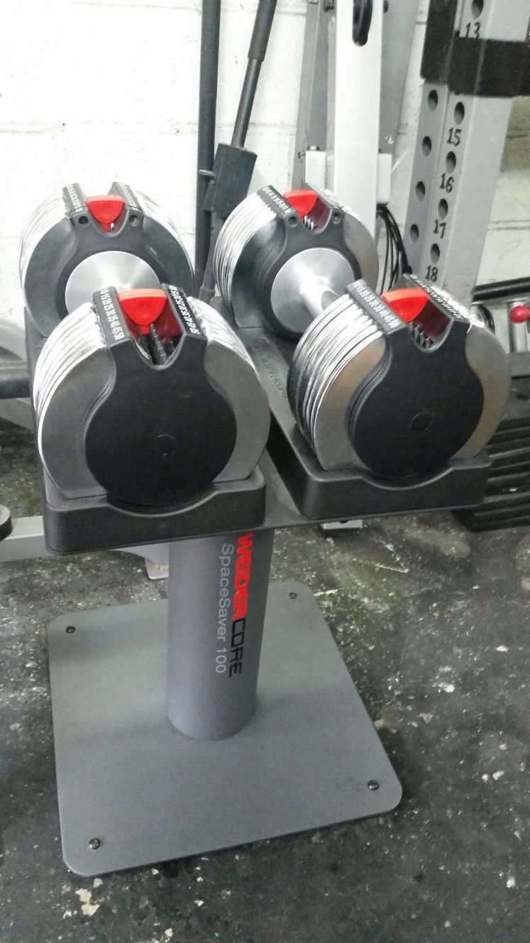 WEIDER 5-50LB ADJUSTABLE DUMBBELLS WEIGHTS WITH DUMBBELL STAND RACK LIKE NEW