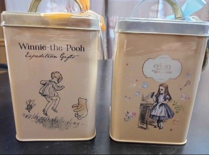 Set of 2 Vintage Style Metal 7" Tea Canisters Winnie the Pooh & Alice in Wonderland