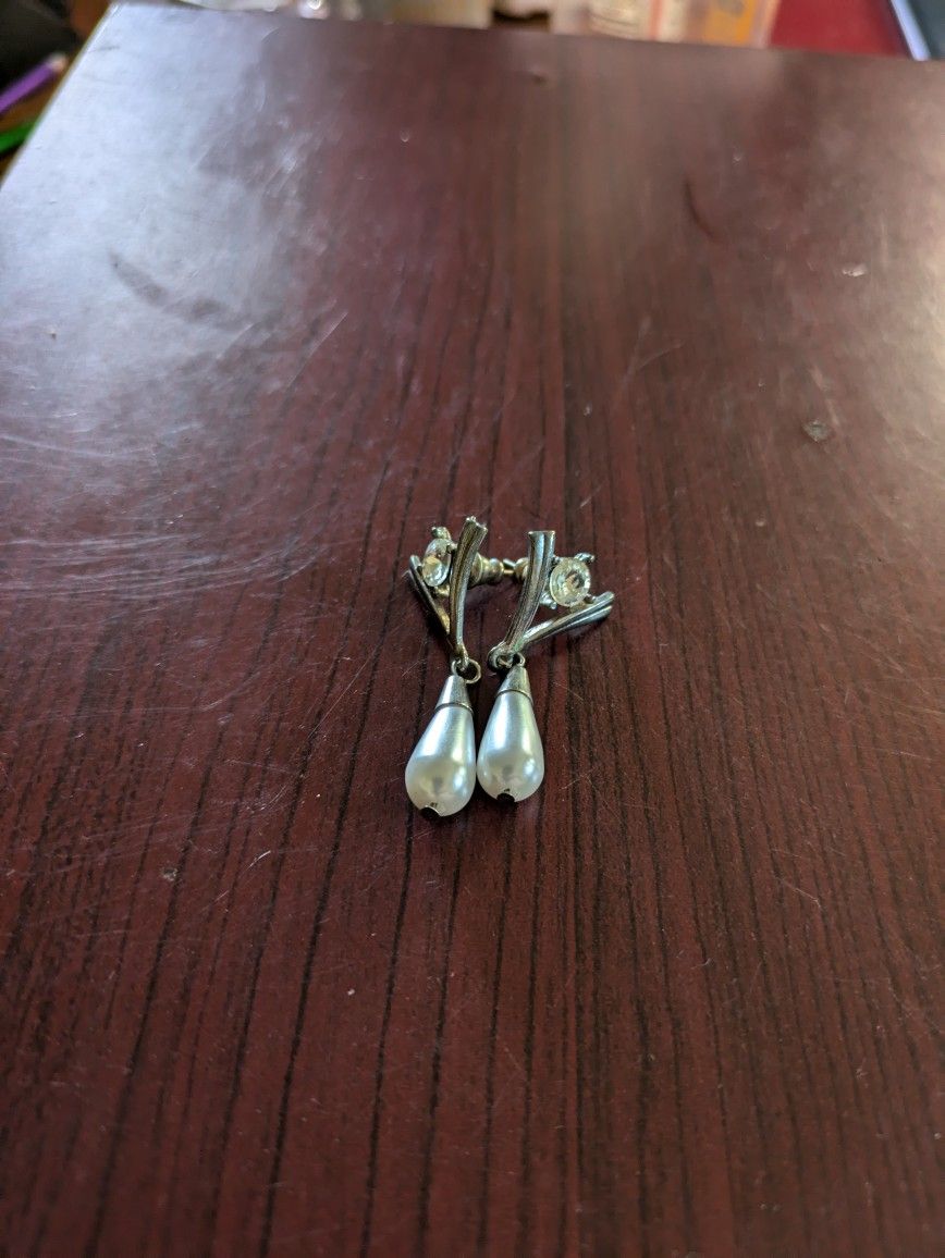 Dangle Earrings Faux Pearl And Rhinestones, Silver Plate