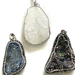 Druzy Quartz Pendants, 3 Pc,  White, Blue, Rainbow, Natural Stone, Jewelry, Necklace, Focal Point