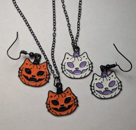 Pumpkin Cat Head Necklaces And Earrings Halloween Accessories Goth Cute Kawaii Jewelry