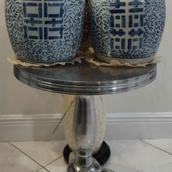 Pair Chinese Kangxi Blue & White Double Ring Happiness Ginger Jar Ring Mark 9" Tall.