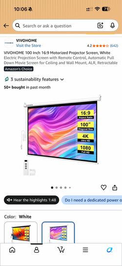 100 Inch 16:9 Motorized Projector Screen (still in box, unopened)