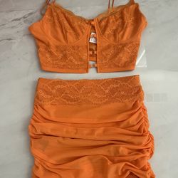 Shein Orange lace and ruched skirt set