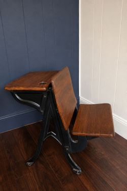 Vintage Cast Iron & Wood School Desk with Attached Chair + Inkwell