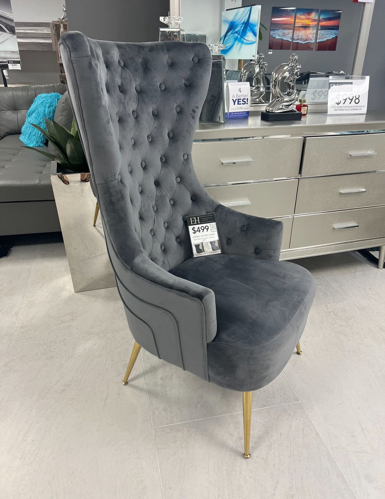 Grey Velvet Gold Accent Chair 