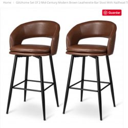 Glitzhome Set of 2 Mid-Century Modern Brown Leatherette Bar Stool