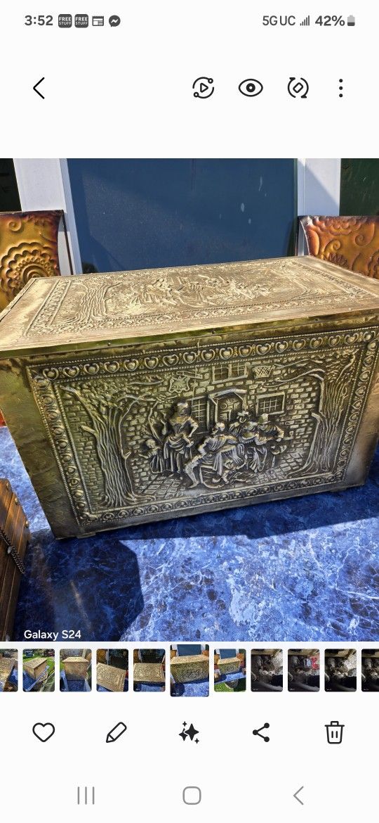 vintage embossed brass and wood coal box, also known as a coal scuttle or tinder box