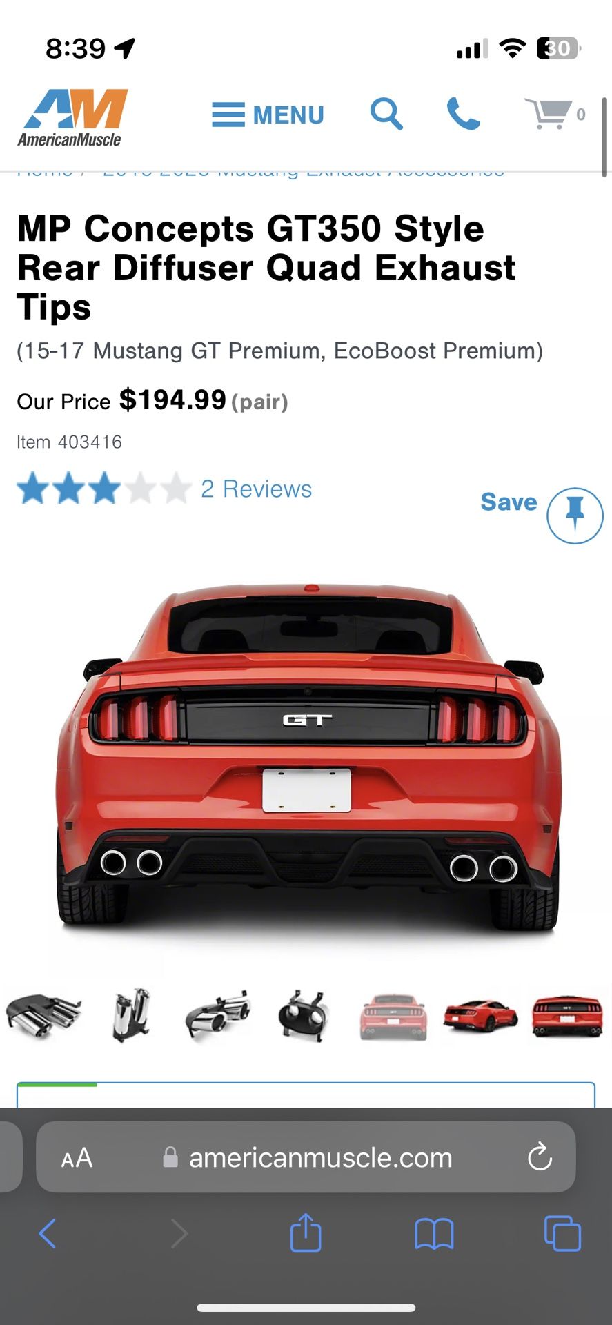 MP Concepts GT350 Style Rear Diffuser Quad Exhaust Tips (15-17 Mustang GT Premium, EcoBoost Premium)