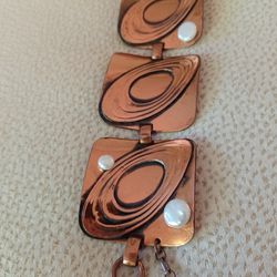Vtg.Rare Copper & Genuine Pearls Link Bracelet- 7 In.