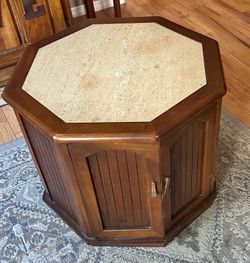 Vintage 1970s Boho Octagonal Drum Side Table with Travertine Inlay
