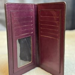 Burgundy Genuine Leather Long Bifold Wallet Multiple Card Slots ID Window