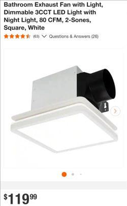 Bathroom Exhaust Fan with Light, Dimmable 3CCT LED Light with Night Light, 80 CFM, 2-Sones, Square, White