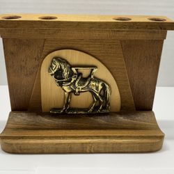Vintage English Wooden Pipe Holder Horse Brass Decor Made in England