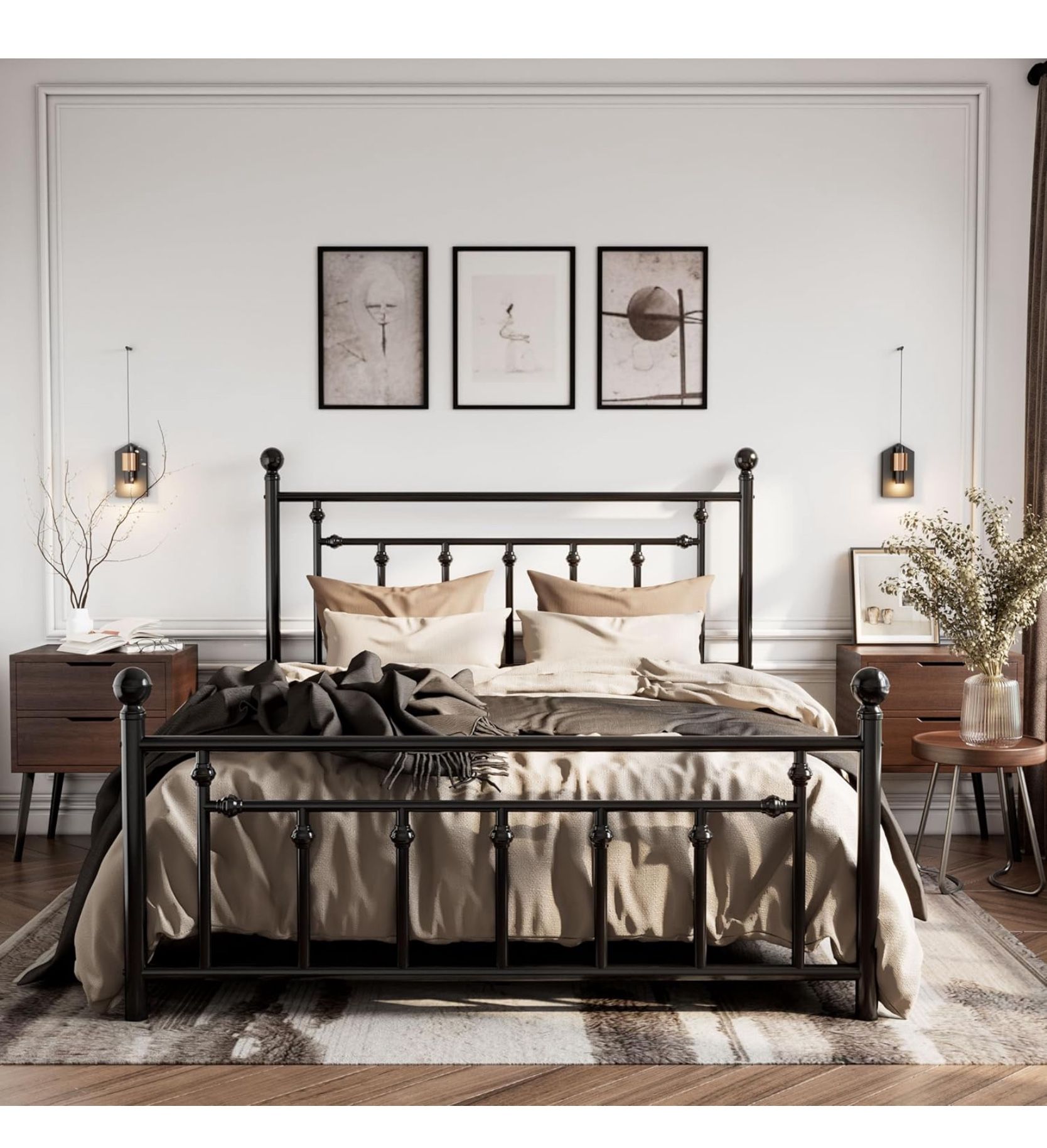 SHA CERLIN 14" Full Size Metal Platform Bed Frame Victorian Headboard and Footboard/Steel Slats Mattress Foundation for Storage/No Box Spring Needed/N