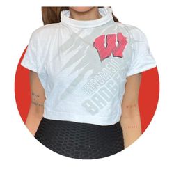 🌹Wisconsin Badgers White Mock Neck Crop Top T-Shirt 