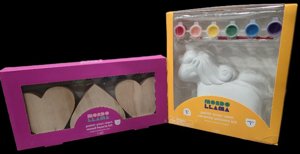 Mondo Llama Paint Sets (Wood Hearts & Ceramic Unicorn)