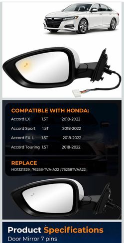 Driver Side Mirror Fit for Honda Accord 2018-2022 White 7pins Replace HO1320329,76258-TVA-A22 Pearl White Left Exterior Mirror with Power Glass, Heate