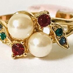 Vintage Gold Plated Faux Pearl Rhinestone Costume Ring - Size 6.5