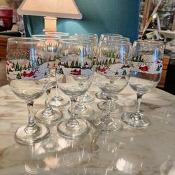 RETRO CURRIER & IVES WINE/WATER GOBLETS SET 