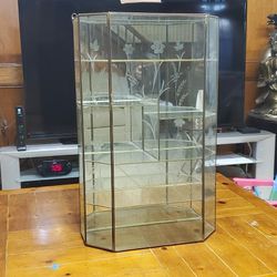 Vintage Large Display Case Brass Glass 5 Shelves, Mirrored Back