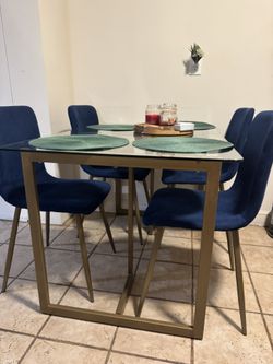 5 Piece Dining Room Set with 4 Blue Ergonomic Upholstered Chairs for Living Room