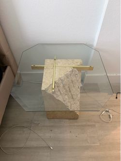 Modern Travertine Style Glass Side Table + Marble Tray