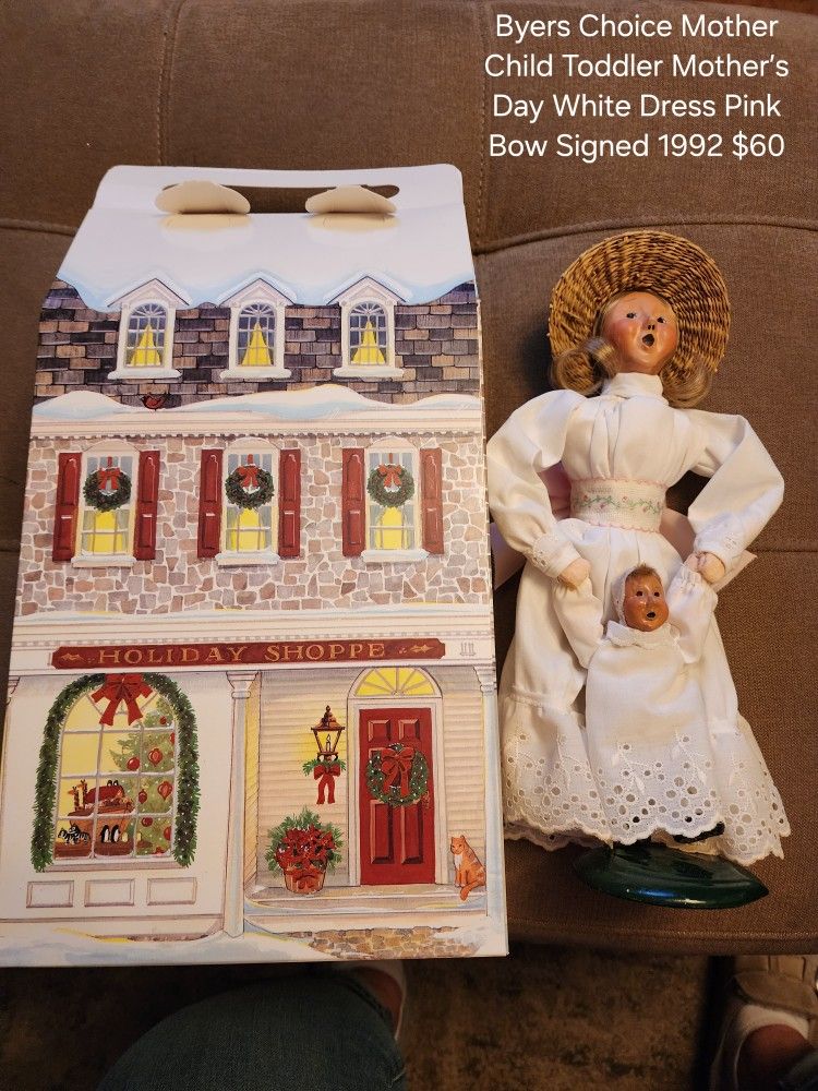 Byers Choice Mother Child Toddler Mother’s Day White Dress Pink Bow Signed 1992