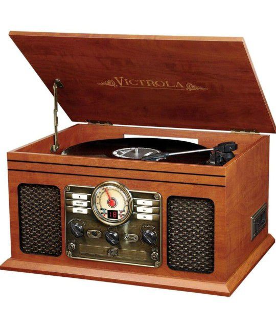 Victrola Nostalgic 6-in-1 Bluetooth Record Player & Multimedia Center with Built-in Speakers - 3-Speed Turntable, CD & Cassette Player, FM Radio | Wir