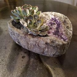 9.5" Real Amethyst Cement Geode Heart-shaped Succulent Planter