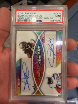 ***1/1***2025 Leaf Vivid Color Combos Alvin Kamara LaDainian Tomlinson Auto White Shimmer 1/1 PSA 9