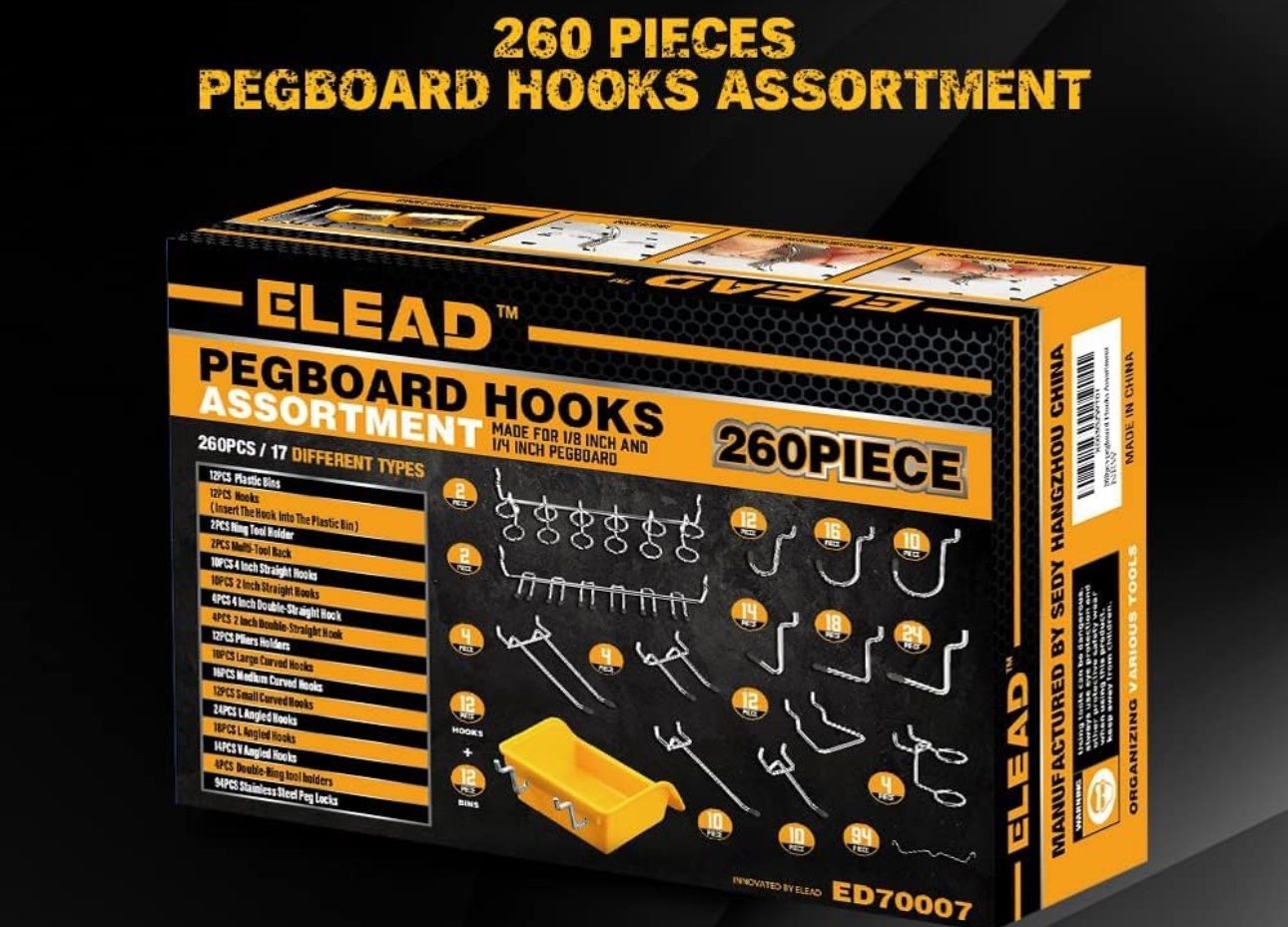 ELEAD 260pc Pegboard Hooks, Peg Board Organizer Accessories