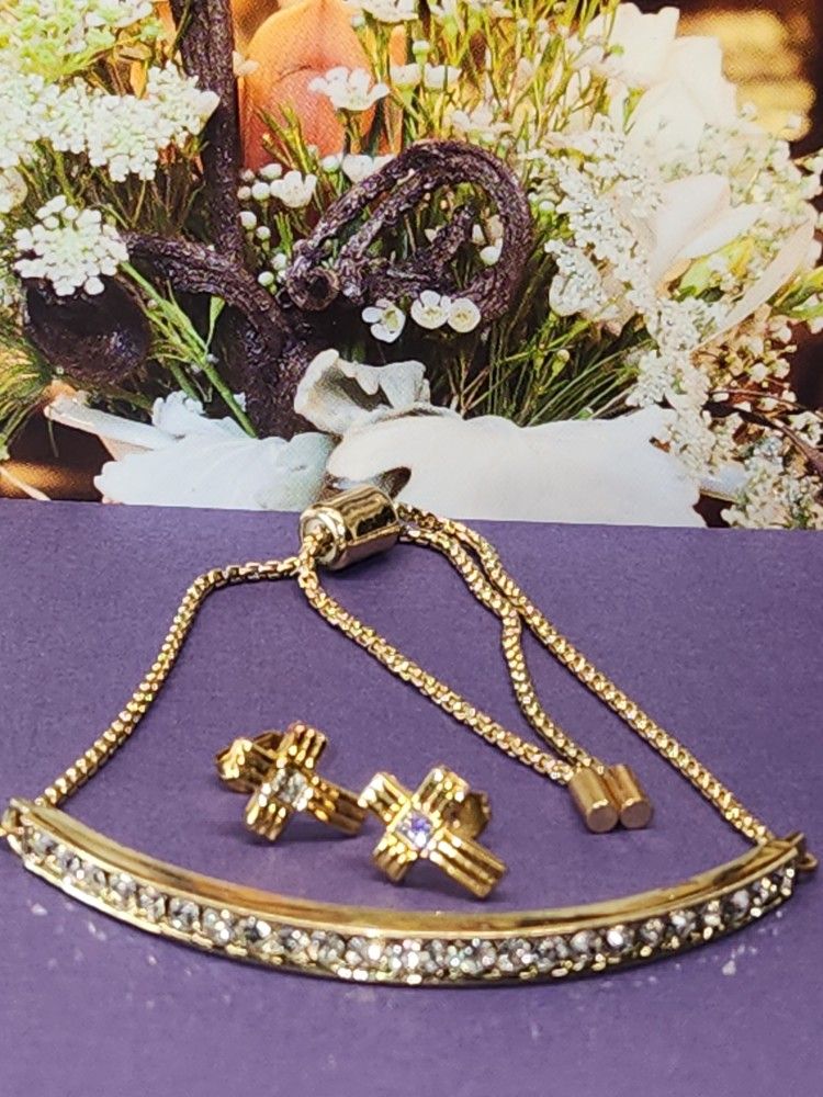 #1807, PRECIOUS CUBIC ZIRCONIA VINTAGE SET, BRACELET & CROSS EARRINGS