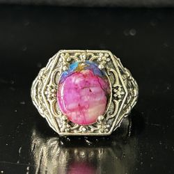 Vintage Ring Size 8 Silver 925 Arizona Turquoise Oyster Cabochon Pink Spiny Southwestern