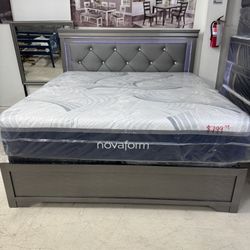 King Size Bed + Mattress + Boxsprings Grey Modern LED
