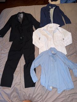 Appaman black Fine Tailoring toddler boy two-piece suit set with a monkey-print inner lining with a navy/white polka dot, light blue, white dress shir
