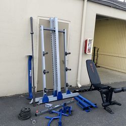 Half Power Rack With Barbell And Weight Bench And Weights