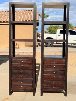 Set (2) Large Solid Wood Cherry Red Standing Shelves with Three Drawers (LxWxH: 17” x 22” x 78”)