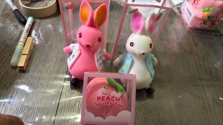 Bunny Figurines and Peach Squishy Toy Set