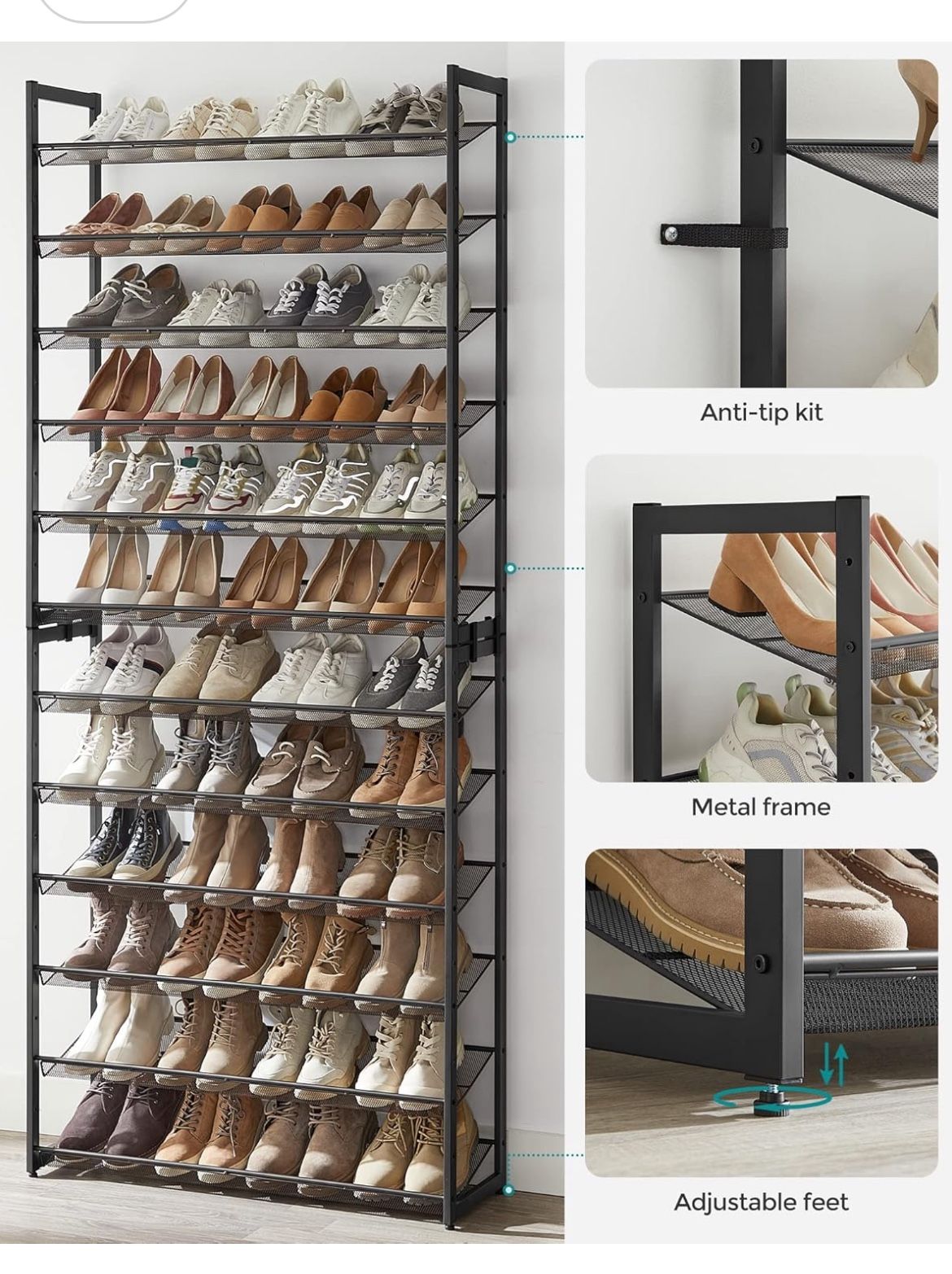 Shoe Rack, 12-Tier Shoe Organizer, Metal Shoe Storage for Garage, Entryway, Set of 2 6-Tier Stackable Shoe Shelf, with Adjustable Flat or Angled Shelv