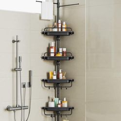 32-122inch Corner Shower Caddy Tension Pole Black, Rustproof Drill-Free Shower Shelves for Bathroom Bathtub Washbasin, Adjustable Shower Organizer wit