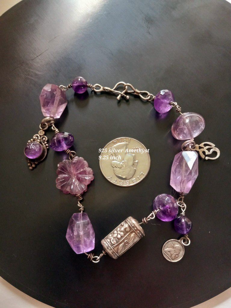 $50! Awesome 925 Sterling Silver Amethyst Charm Bracelet 9.25 Inches 
