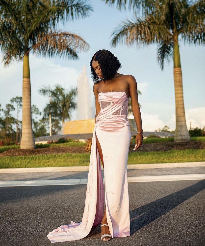 Holly Pink Crystallized Corset High Slit Satin Gown