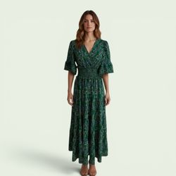 Max Studio Green Floral Wrap-Style Smocked Maxi Dress, Size M, MSRP $178