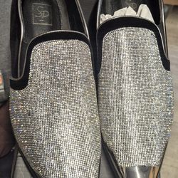 Black Velvet & Silver Rhinestone Spiked Heel Loafers