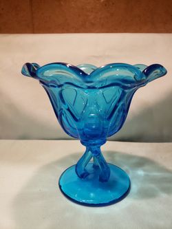 Vintage Aqua Blue Pedestal Dish W/unique Trio Of Legs And Tear Drop Like Bubble Design & Ruffled Edge Rim