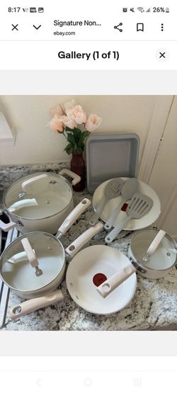 TFAL Signature Nonstick Cookware Set Pots Pans Oven Safe 350F Dishwasher Cream
